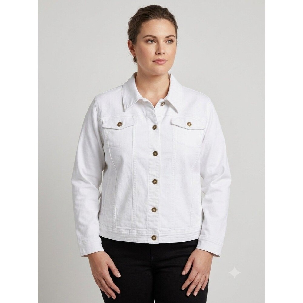 Ruby Rd. White Denim Jacket Women’s 14 Collared Pockets Button Front Short